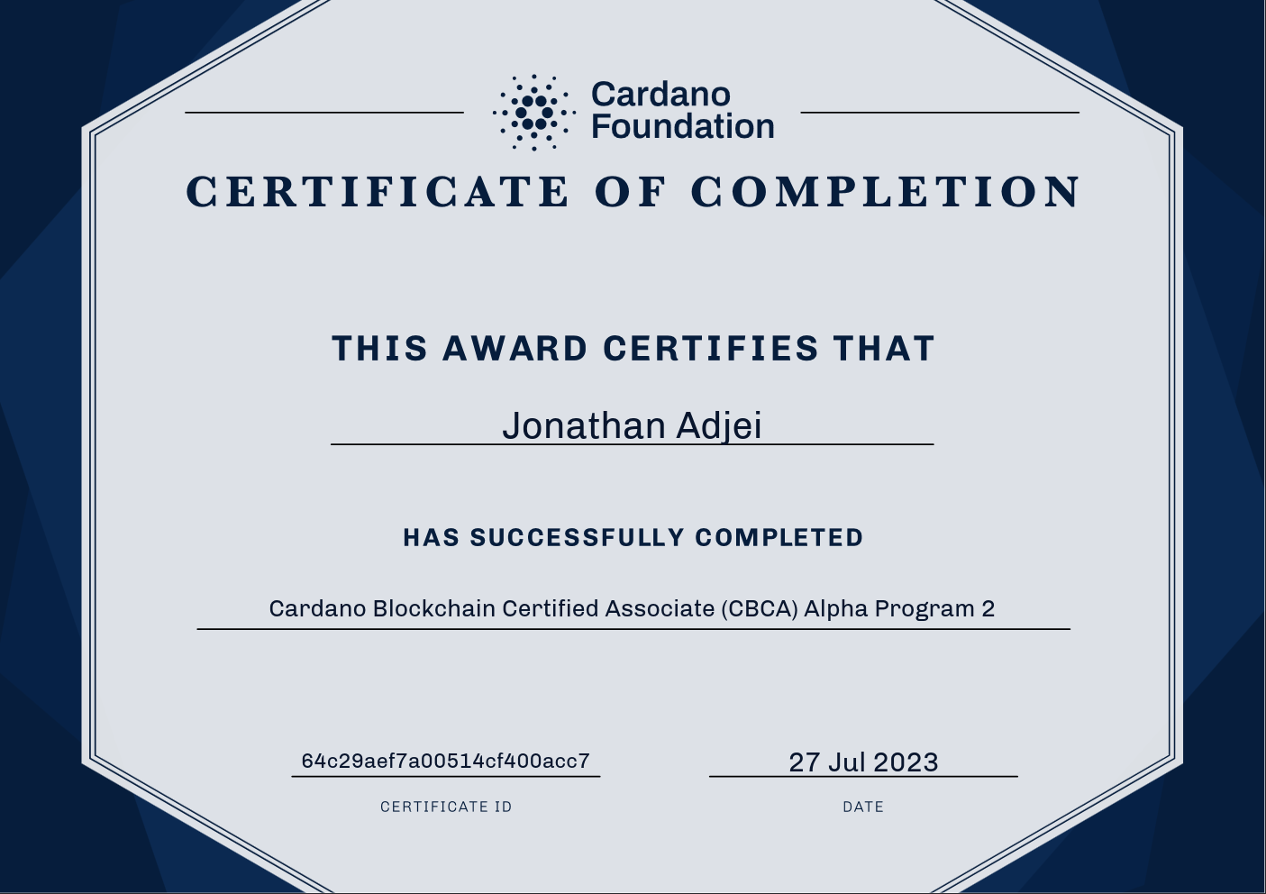Jonathan Completes Cardano Blockchain Certified Associate (CBCA) Alpha Program