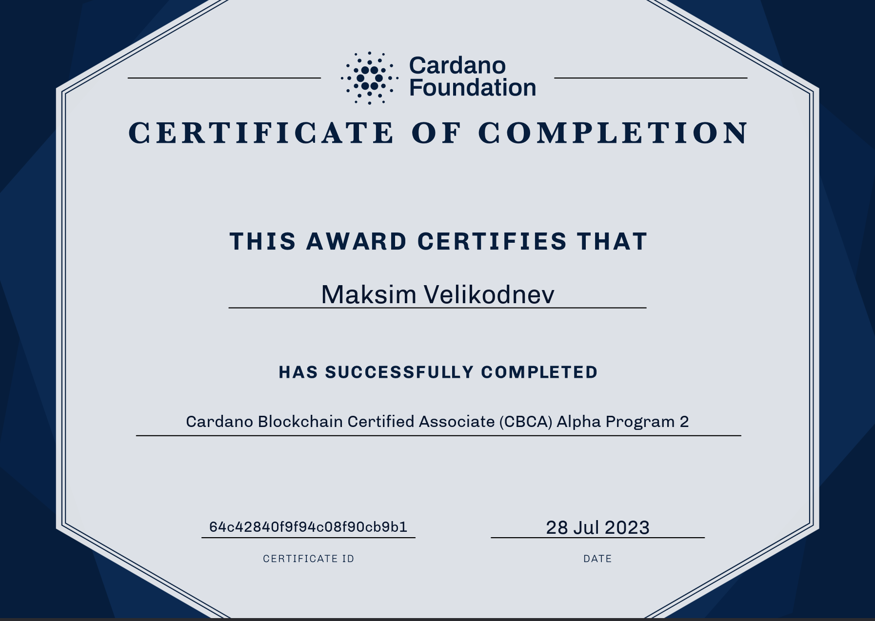 Maksim Completes Cardano Blockchain Certified Associate (CBCA) Alpha Program
